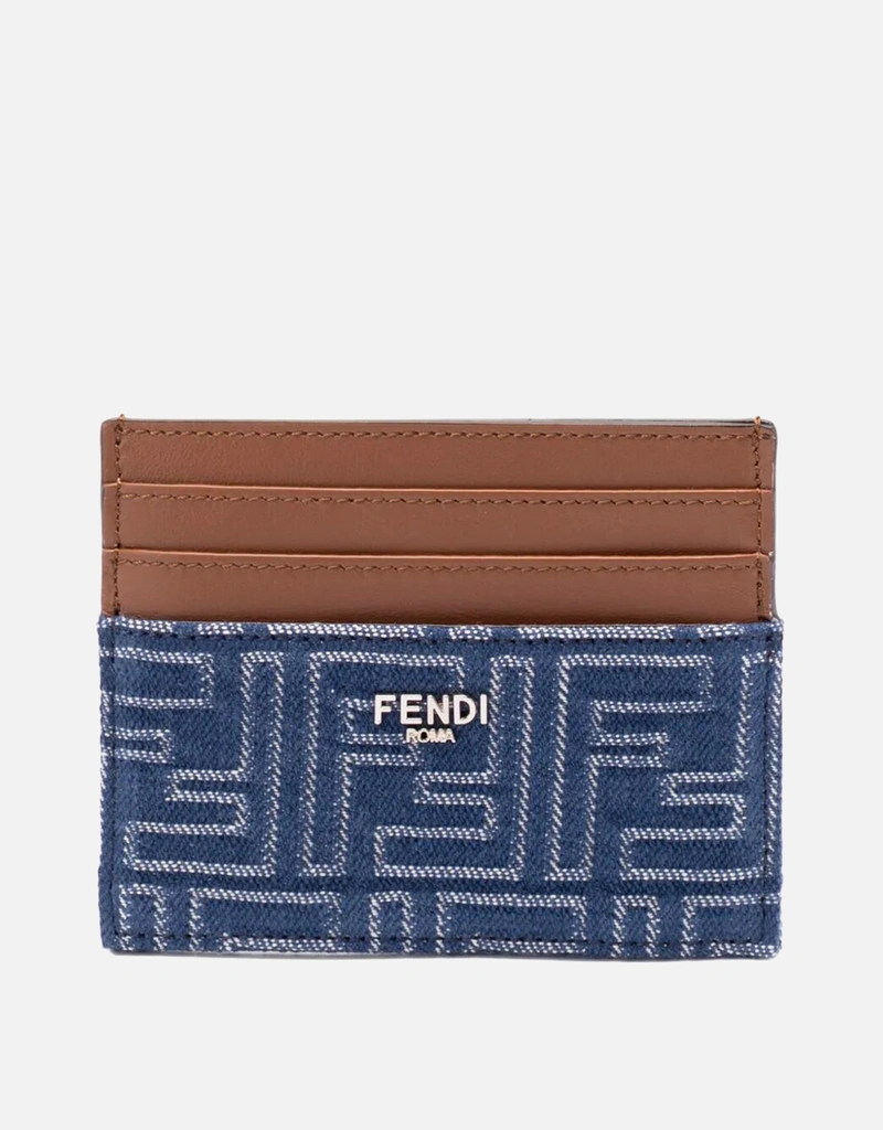 Fendi Blue denim effect FF Jacquard card holder and brown leather