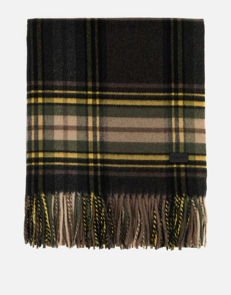 Saint Laurent カシミヤ混紡タータン刺繍スカーフ () IFCHIC.COM