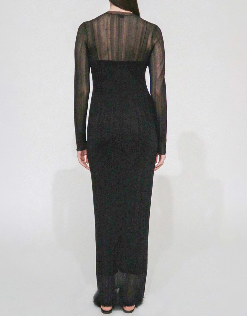 knee length dresses for ladies SHEER PLISSE LONG SLEEVE DRESS main image 1