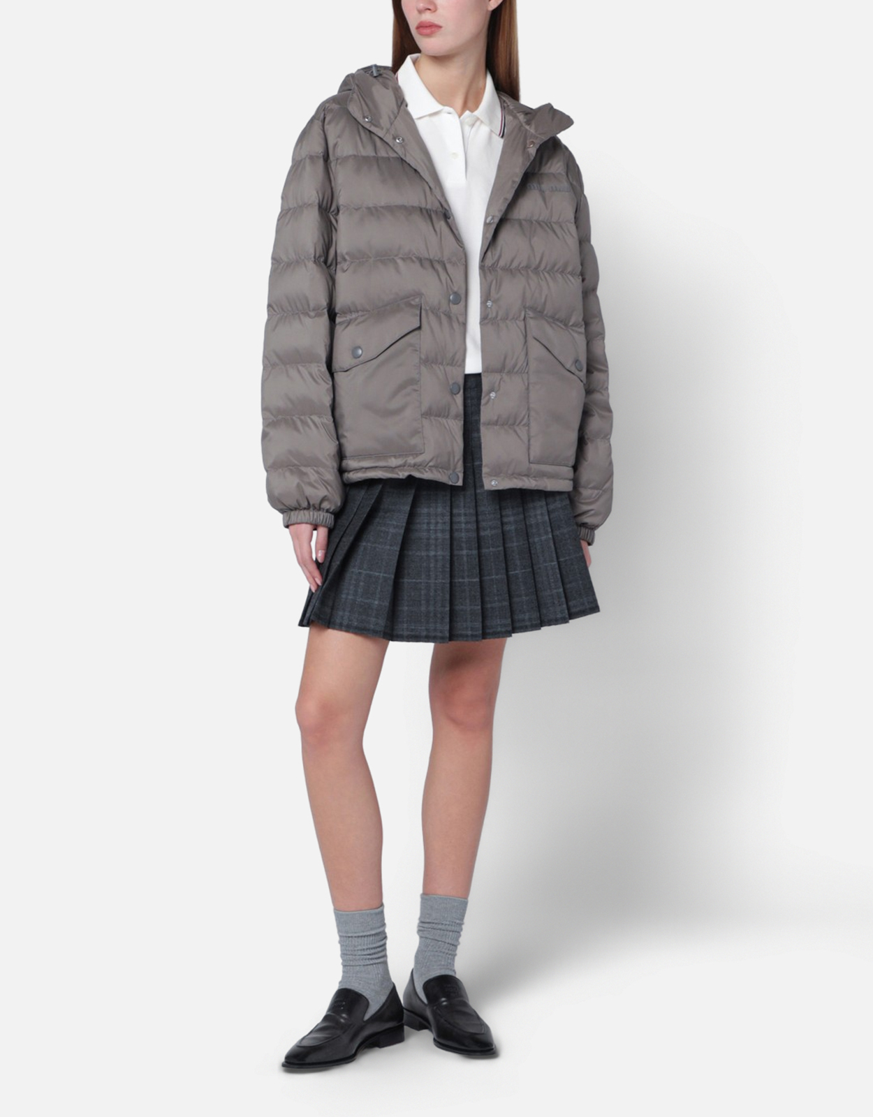 Miu Miu Miu Miu Steel grey puffer jacket in technical pong fabric - IT 40　ミュウミュウ テクニカルポン素材のスチールグレーパファージャケット - IT 40