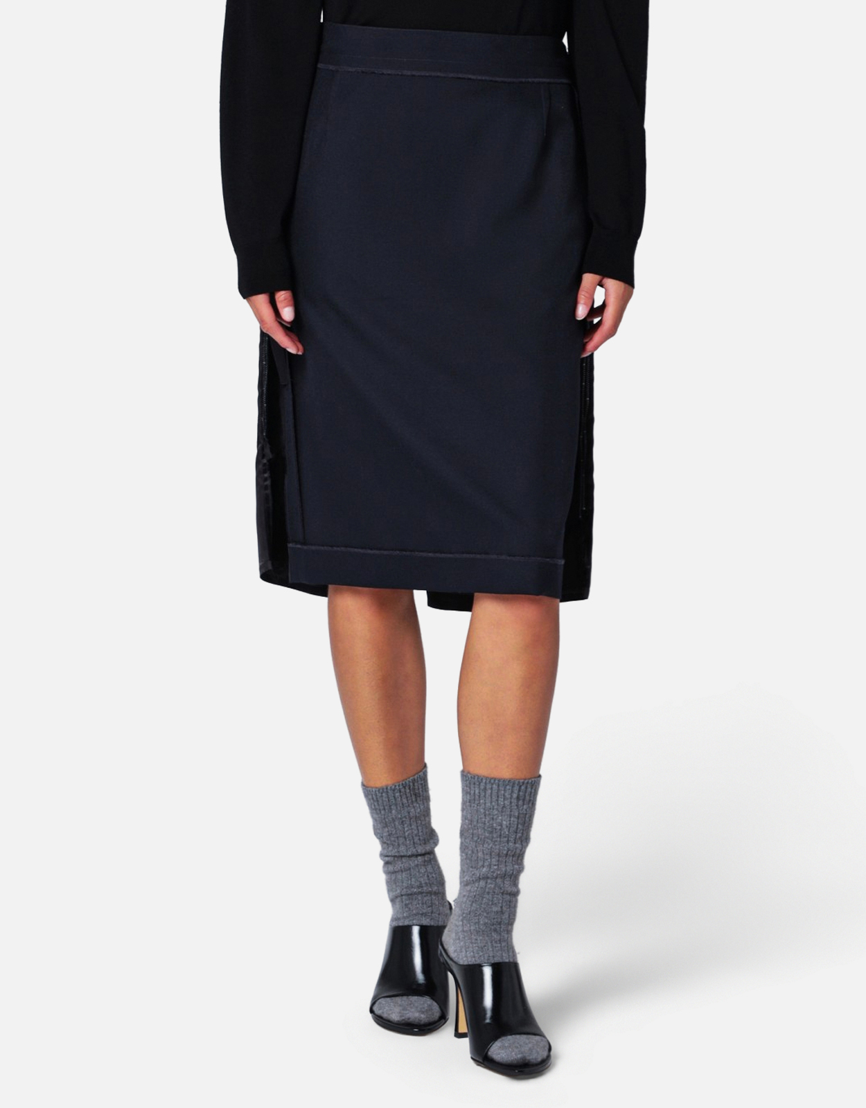 Maison Margiela Maison Margiela Satin Side Panels Wool Blend Midi Straight Skirt - IT 42　メゾン マルジェラ サテン サイドパネル ウール ブレンド ミディ ストレート スカート - 