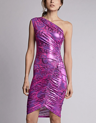 One-shoulder Asymmetric Hem Metallic Printed Mini Dress