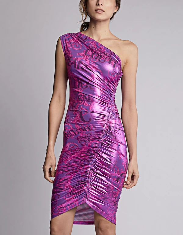 One-shoulder Asymmetric Hem Metallic Printed Mini Dress