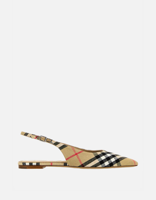 Burberry チェック柄 リネン ポインテッドトゥ スリングバック バレエ