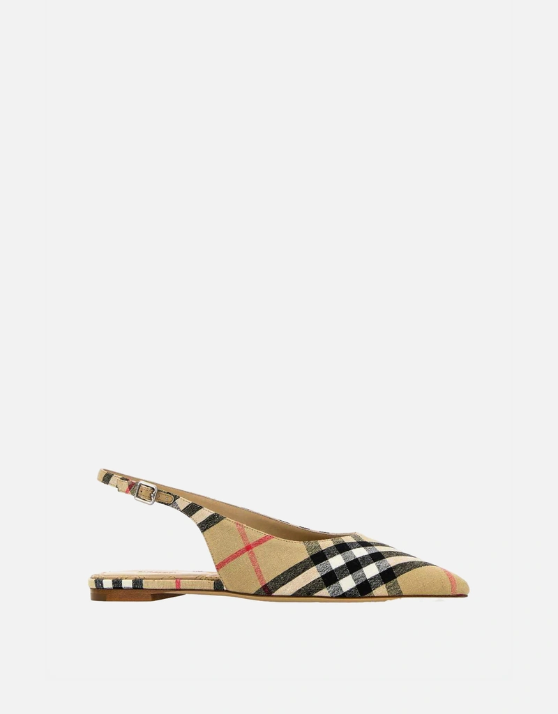 Burberry チェック柄 リネン ポインテッドトゥ スリングバック バレエ