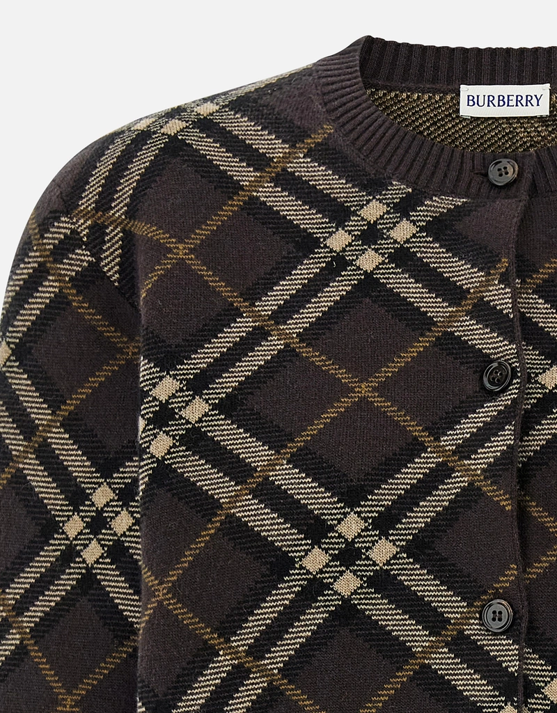 Burberry Wool Cashmere Georgette Check Crew Neck Cardigan (All New