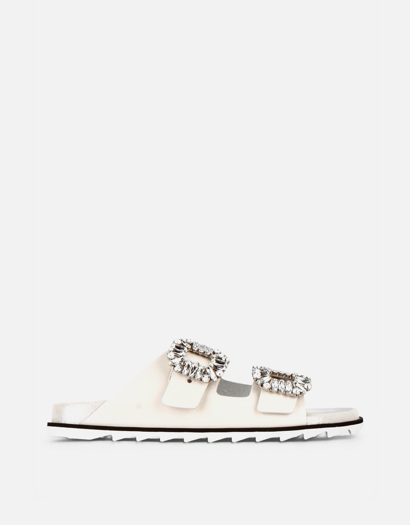 Roger Vivier クリスタルサンダル ホワイト Roger Vivier Slidy Viv' Leather Crystal Side Buckle Mules