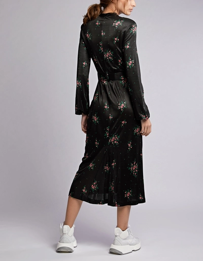 Floral Satin Tie Waist Knee Length Dress