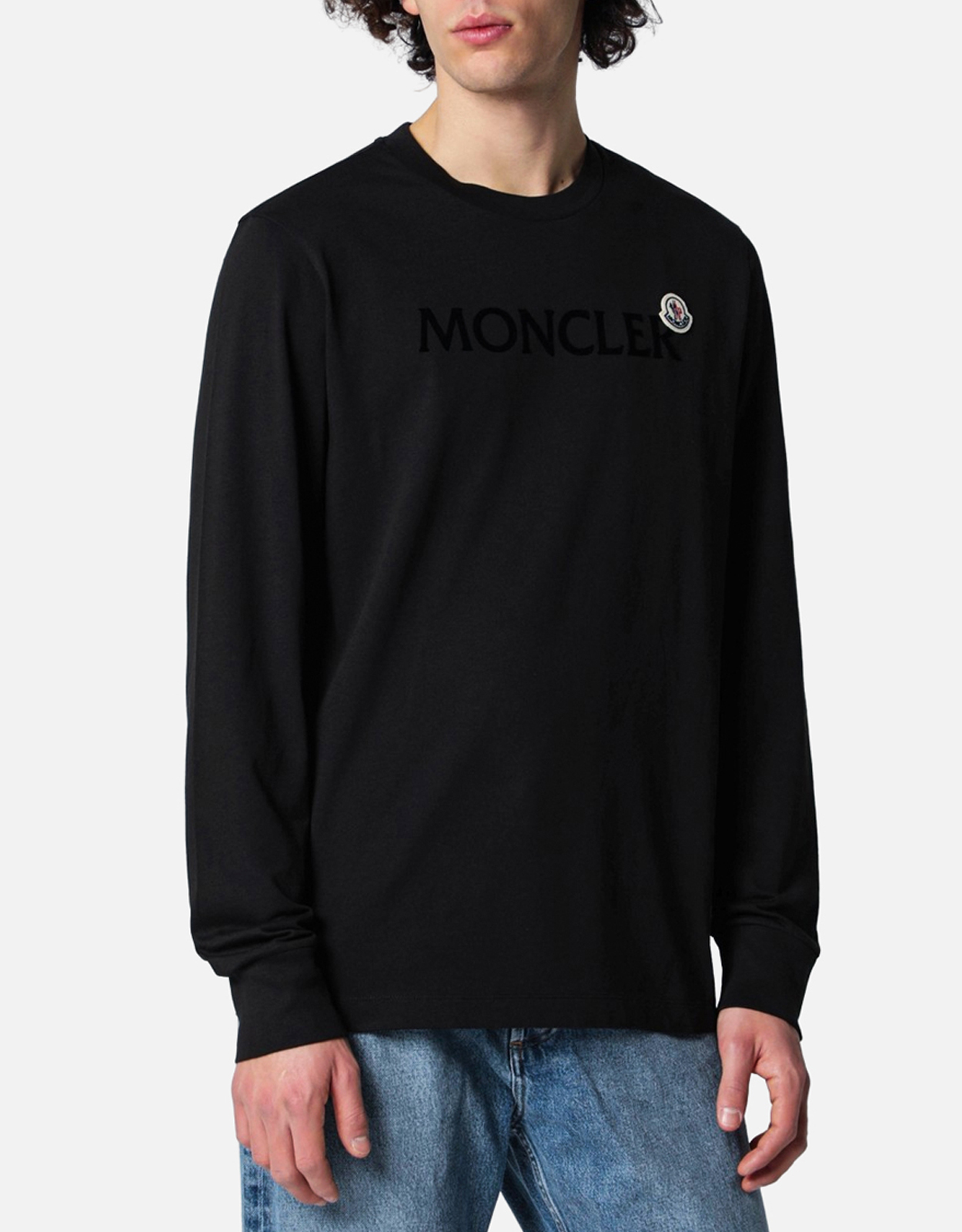 Moncler メンズ ブラック 長袖 コットン ロゴ Tシャツ (アパレル