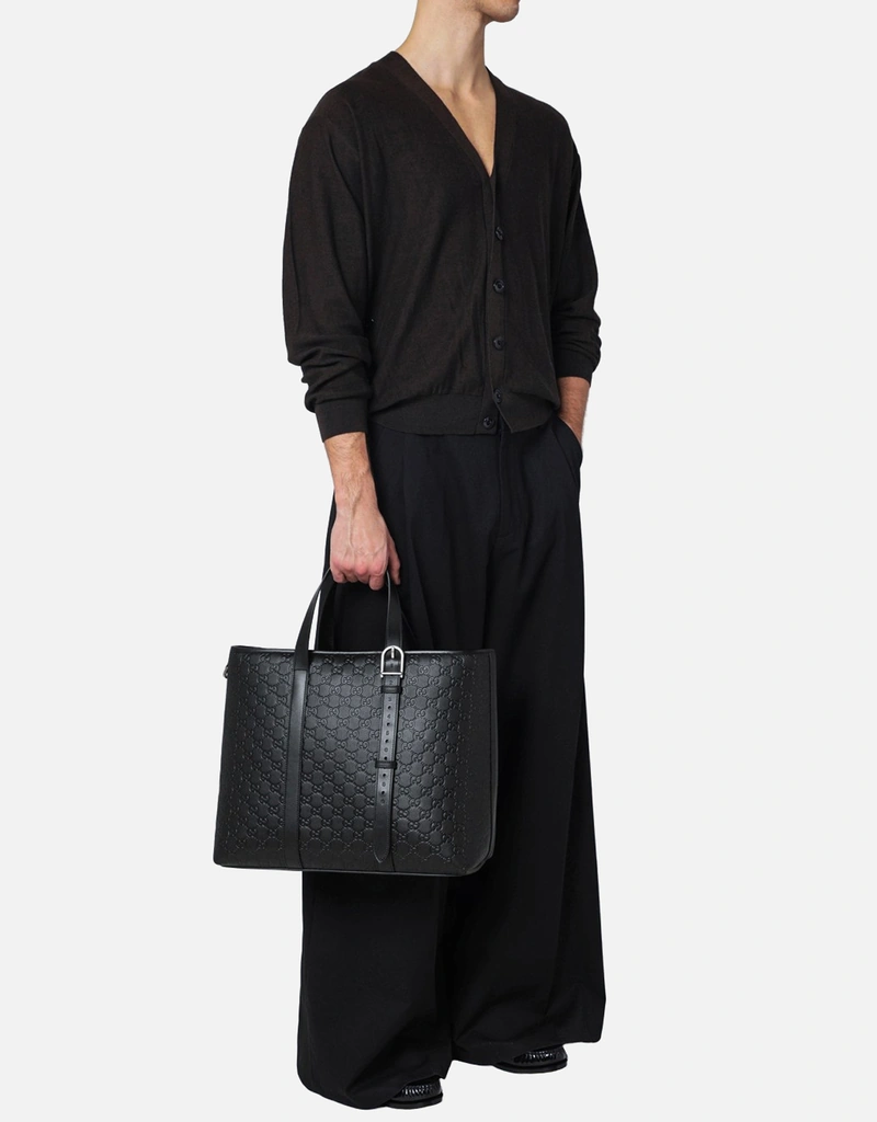 Gucci メンズ ラージ ブラック レザー ショッピングバッグ (バッグ