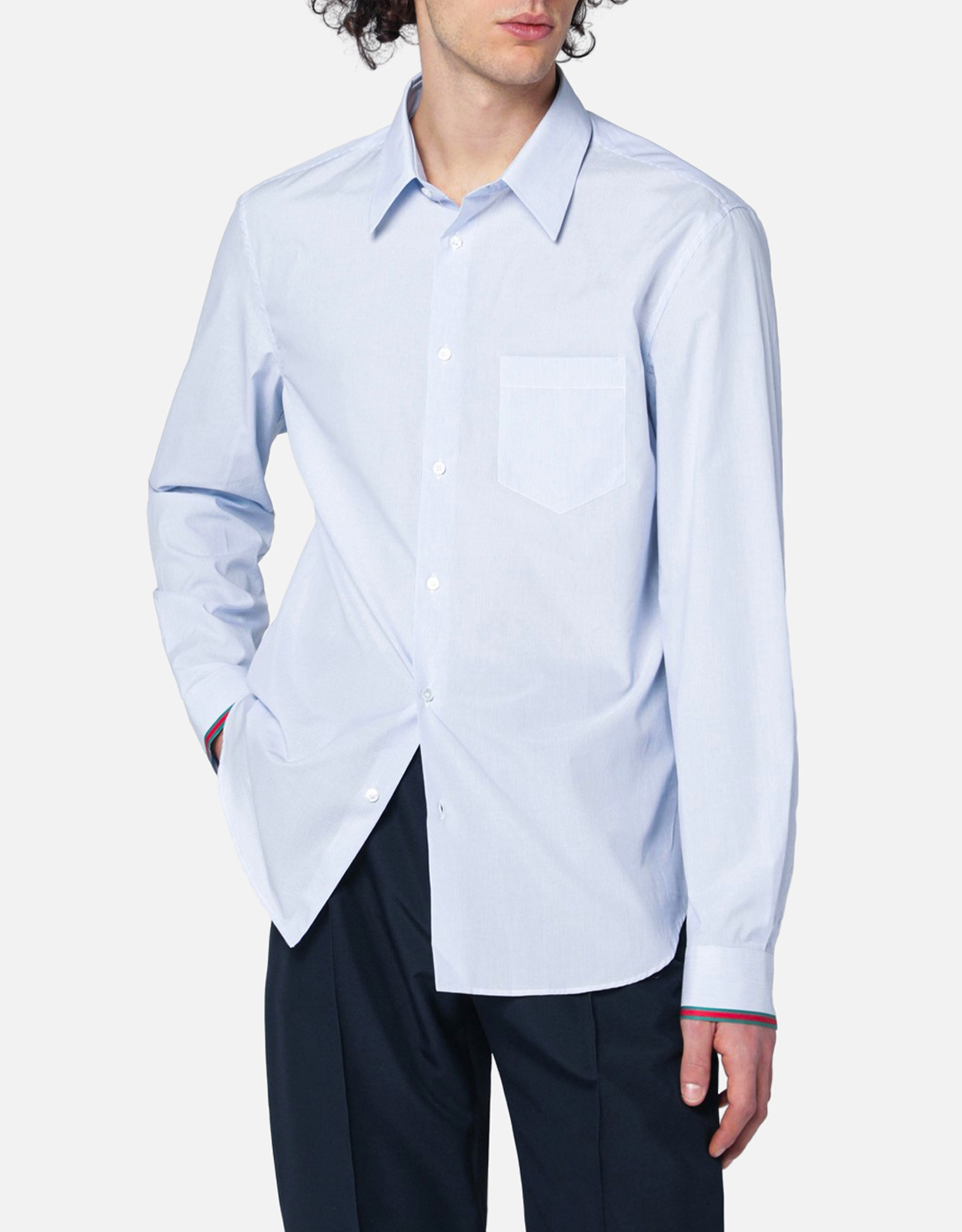 Gucci メンズライトブルーストライプコットンシャツウェブディテール