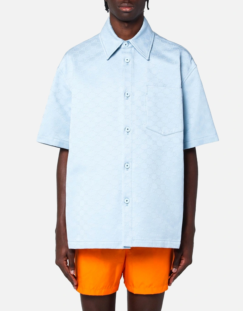 Gucci メンズ ライトブルー コットン GGジャカード シャツ (アパレル