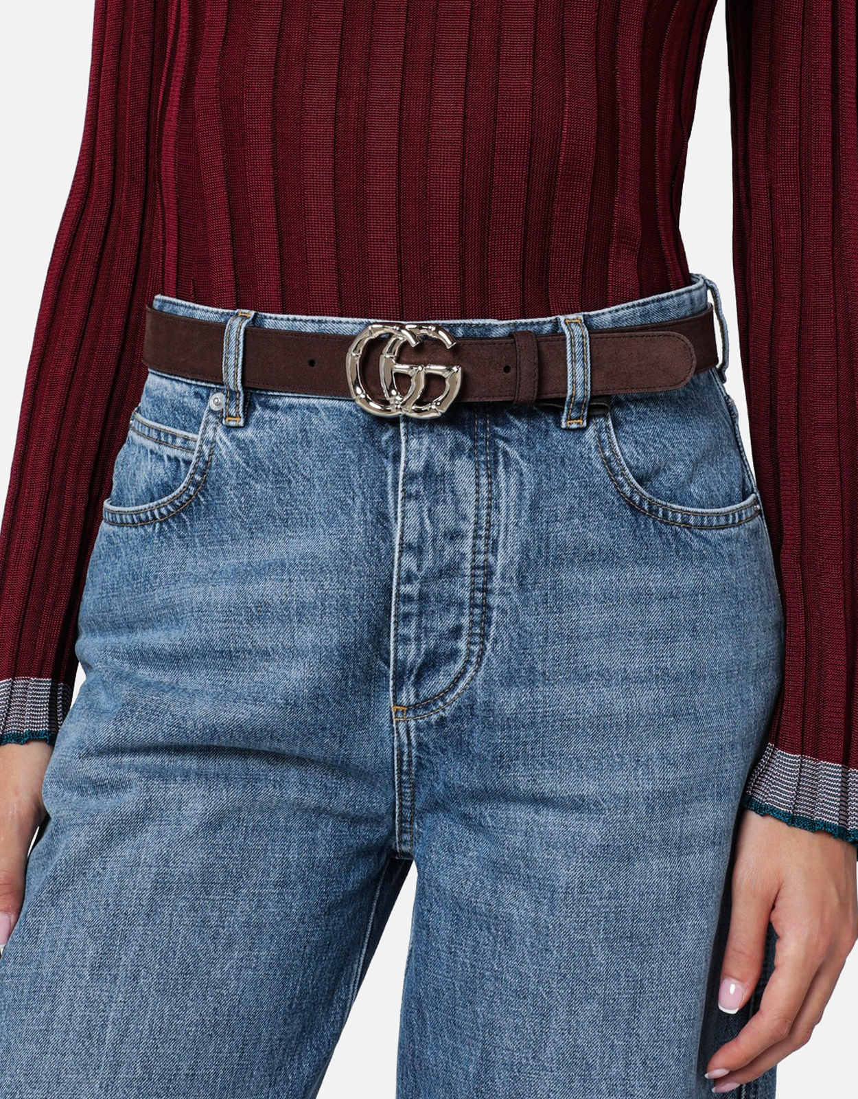 グッチ　スエード　ベルト Gucci ブラウンスエードベルト バンブーGGマーモントバックル付き