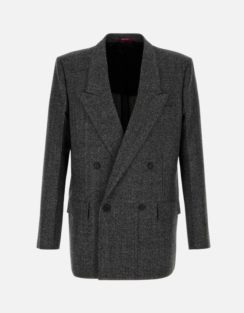 Gucci メンズメランジチャコールウールダブルブレストブレザー (すべて