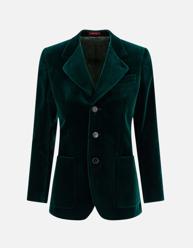 クラッシックGUCCI ダークグリーン ベルベット テーラードジャケット Gucci ストレッチコットンベルベットノッチラペルジャケット (すべての