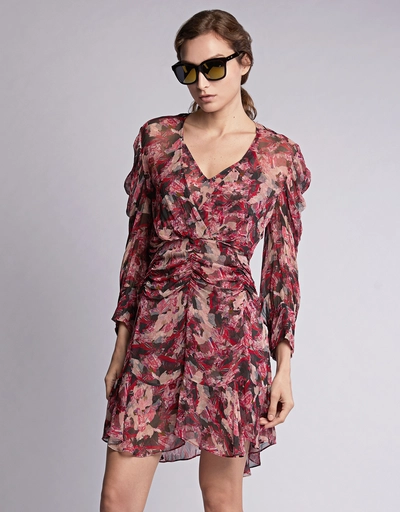 Wick V-neck Floral Ruched Ruffle Mini Dress