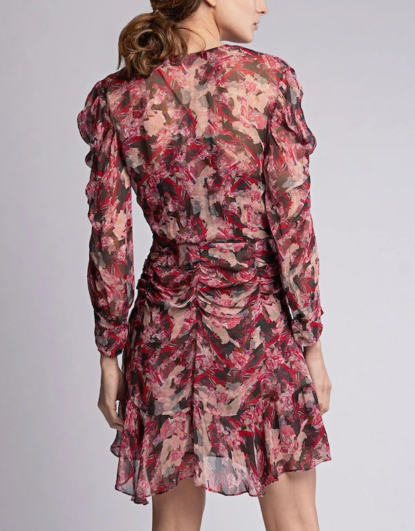 IRO Wick V-neck Floral Ruched Ruffle Mini Dress