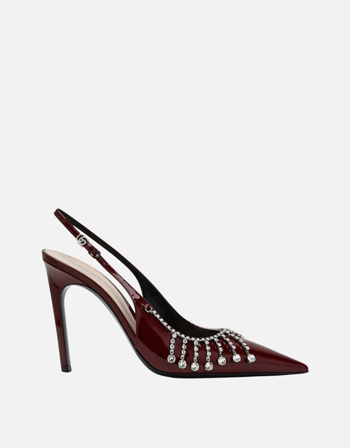 Gucci ボルドー パテントレザー クリスタルチェーン パンプス (すべて