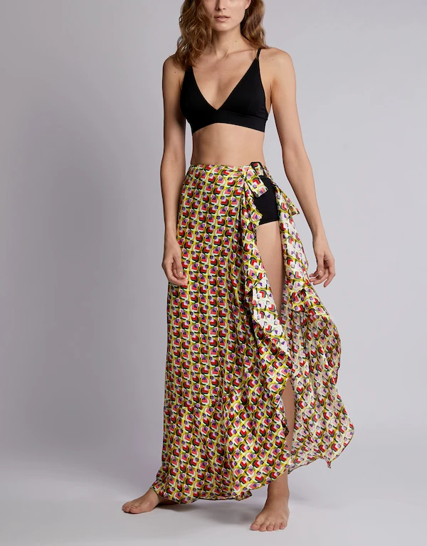 Alexis Baxter Geo-printed Hi-Low Hem Cape Maxi Skirt 