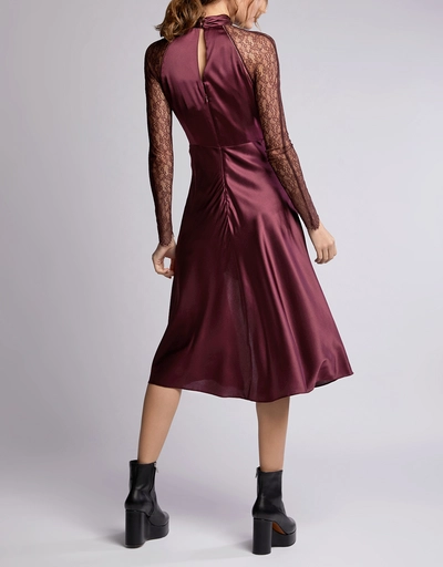 High Neck Floral Lace Ruched Front Midi Dress