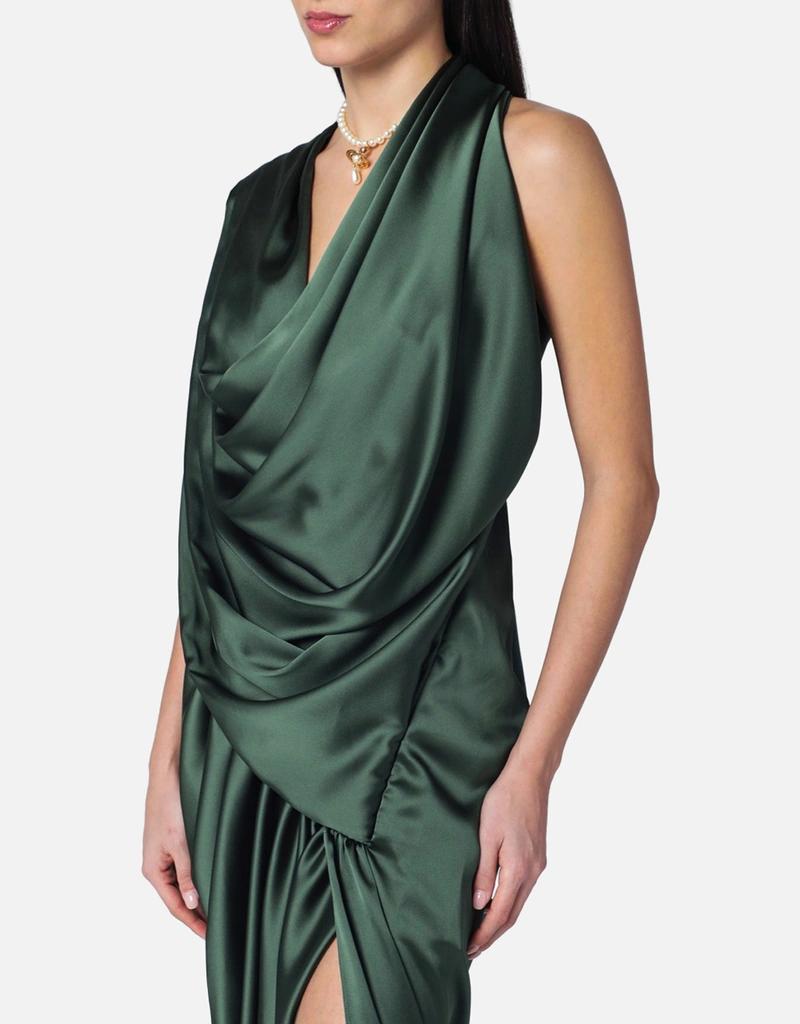 Vivienne Westwood グリーンサテン ドレープ ミディドレス (ドレス