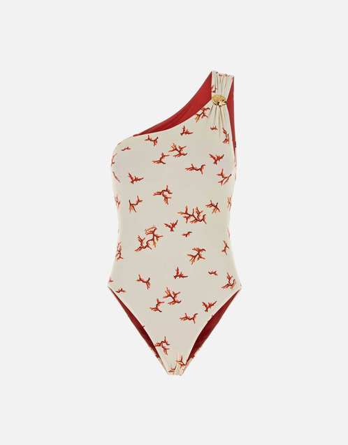 Fendi ホワイトライクラ®サンゴ柄ワンショルダースイムスーツ (すべて