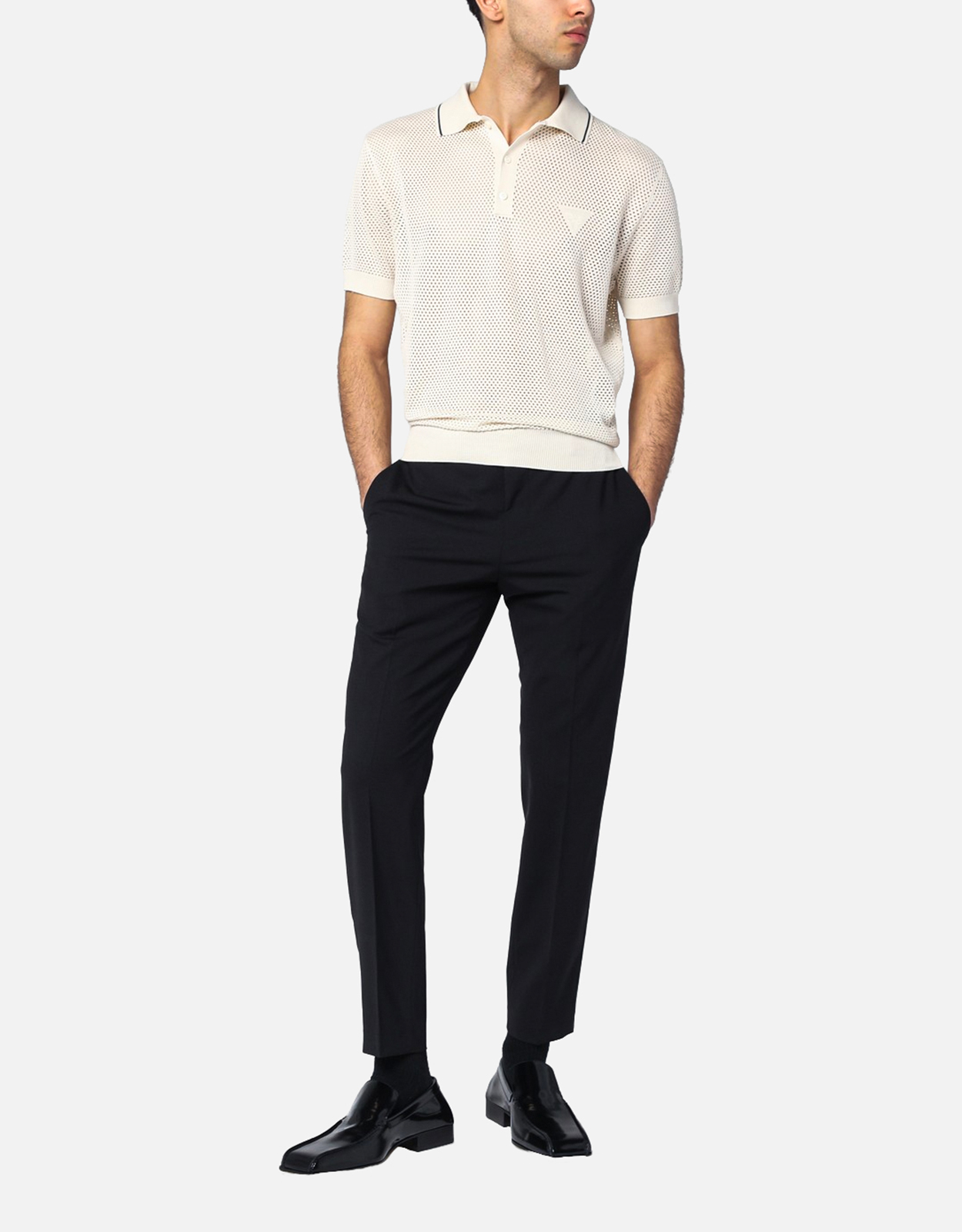 Prada メンズシルクコットンオープンワークポロシャツ (アパレル