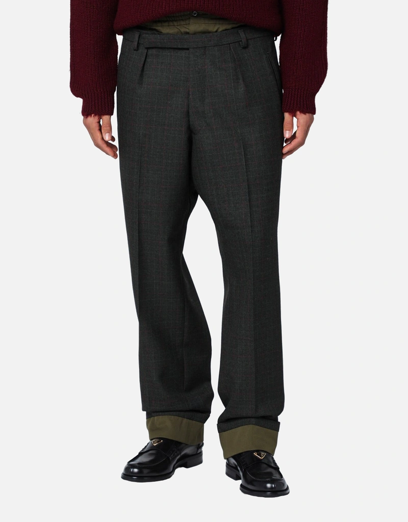 Prada メンズForest Green美麗奴羊毛ダブルウエストバンドパンツ