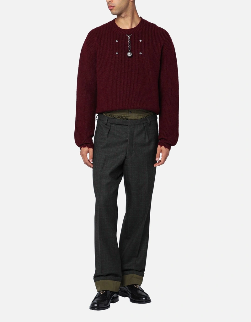 Prada メンズForest Green美麗奴羊毛ダブルウエストバンドパンツ