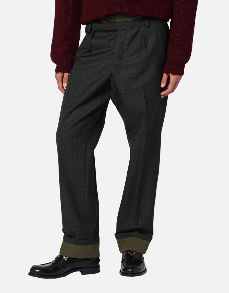 Prada メンズForest Green美麗奴羊毛ダブルウエストバンドパンツ