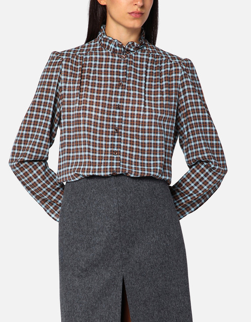 PRADAコレクションライン　プラダレディース　シルクブラウス　チェック柄 Prada Check-patterned shirt turquoise/cocoa in silk blend (Tops