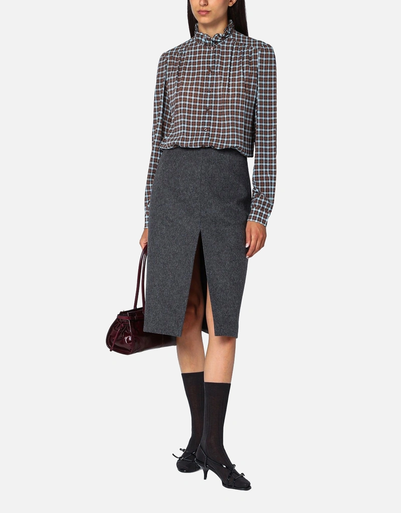 PRADAコレクションライン　プラダレディース　シルクブラウス　チェック柄 Prada Check-patterned shirt turquoise/cocoa in silk blend (Tops