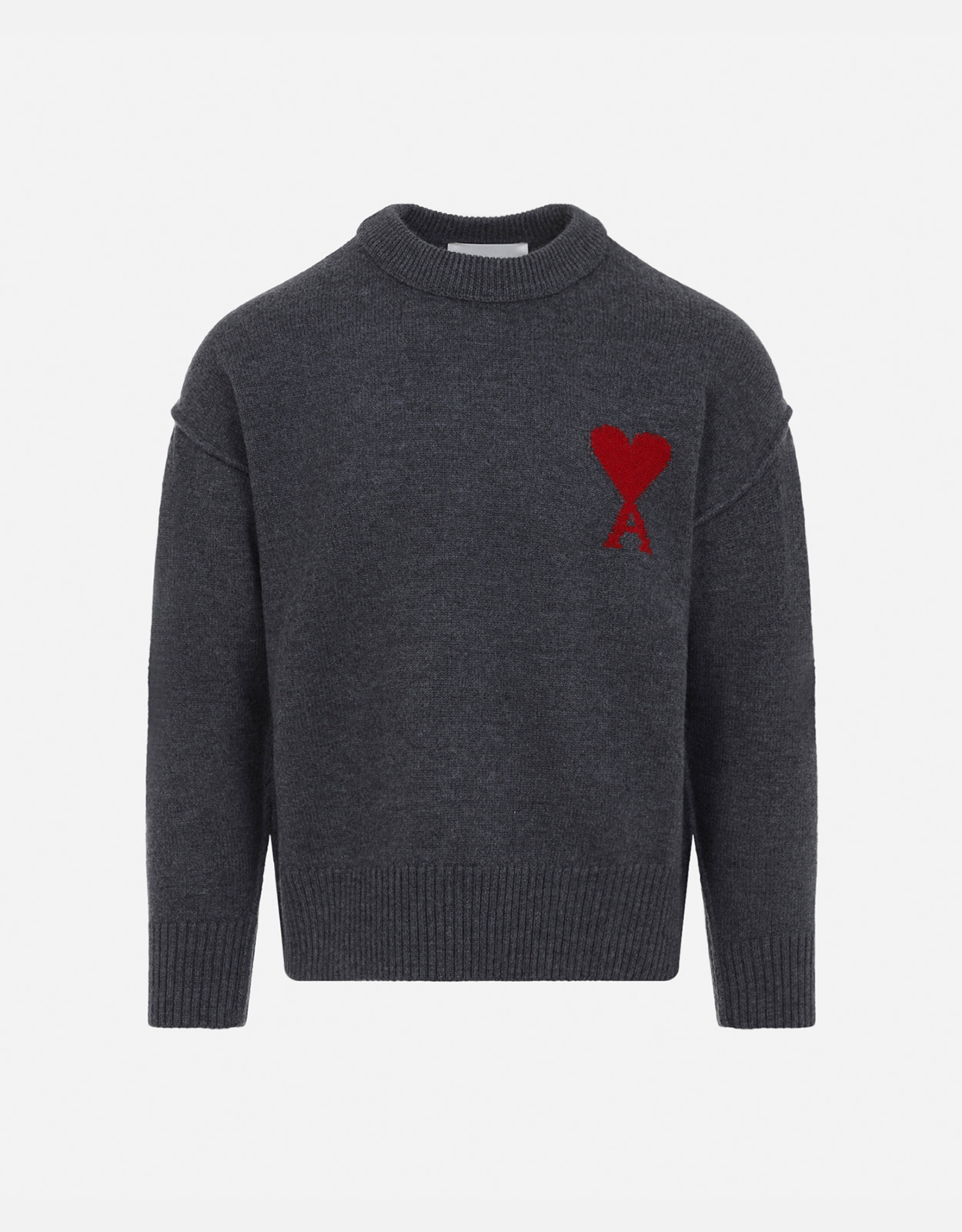 AMI Paris メンズ グレーウールクルーネックスウェットコントラスト