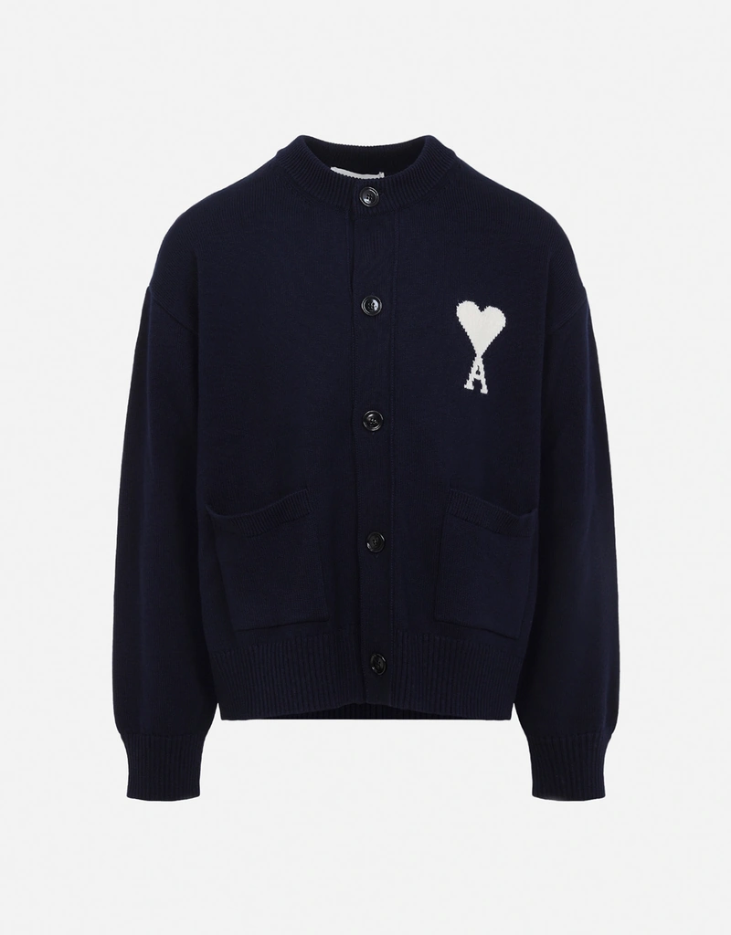 AMI Paris メンズウールコットンインターシャクルーネックカーディガン