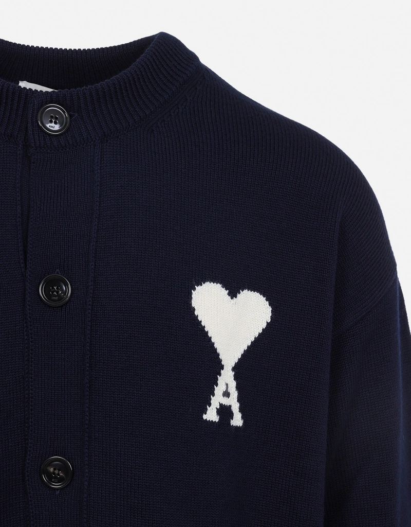 AMI Paris メンズウールコットンインターシャクルーネックカーディガン
