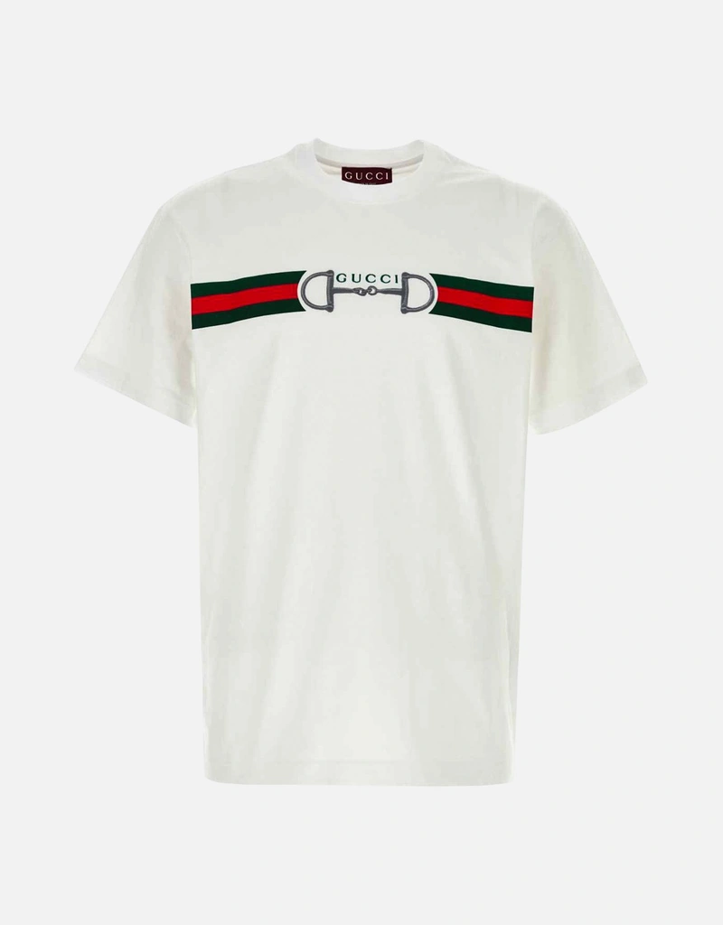 GUCCI グッチ刺繍ロゴ ホワイトTシャツ Gucci メンズ コットンジャージ 刺繍 クルーネック Tシャツ (すべての