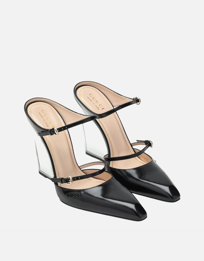 Gucci ブラックレザー透明ウェッジサボ (すべての新品) IFCHIC.COM