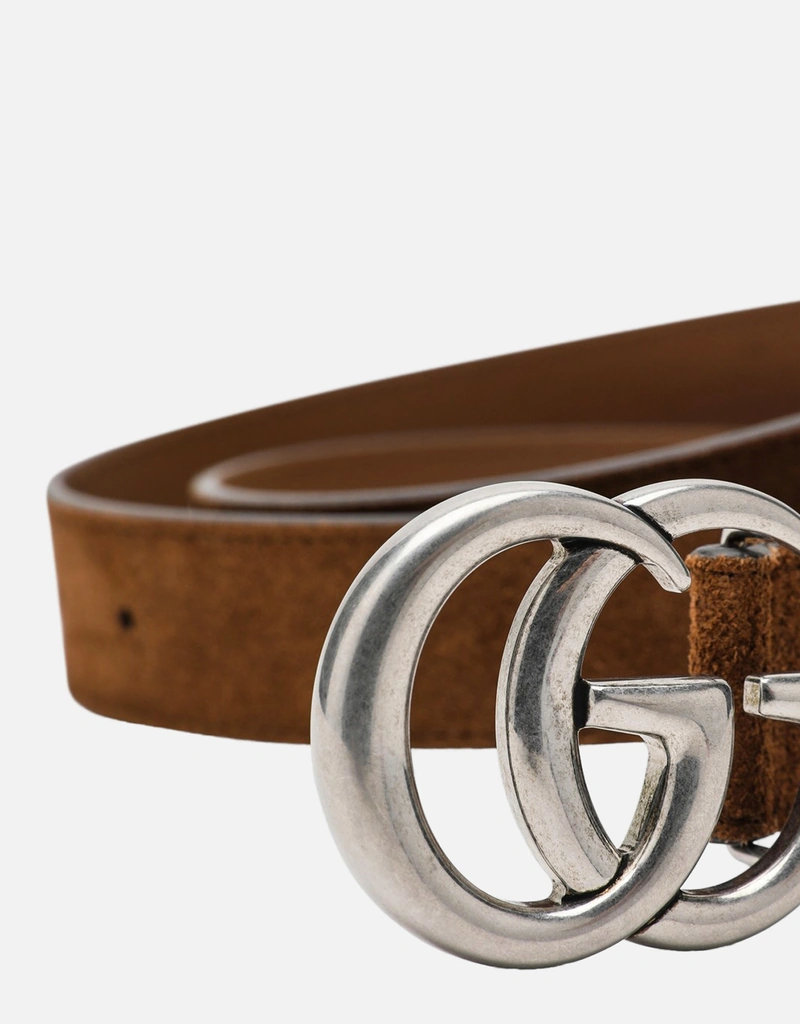 美品✨️　GUCCI　マーモント　ベルト　レザー　ブラウン　ビッグロゴ シルバー Gucci メンズ GGマーモント スエード細ベルト (アクセサリ,ベルト