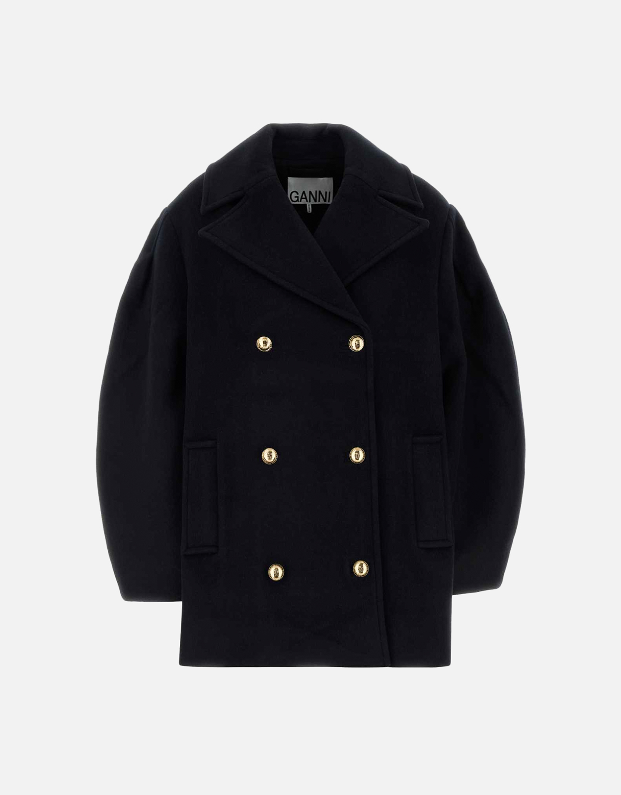 Ganni ダークブルーウール混紡オーバーサイズミディコート (すべての