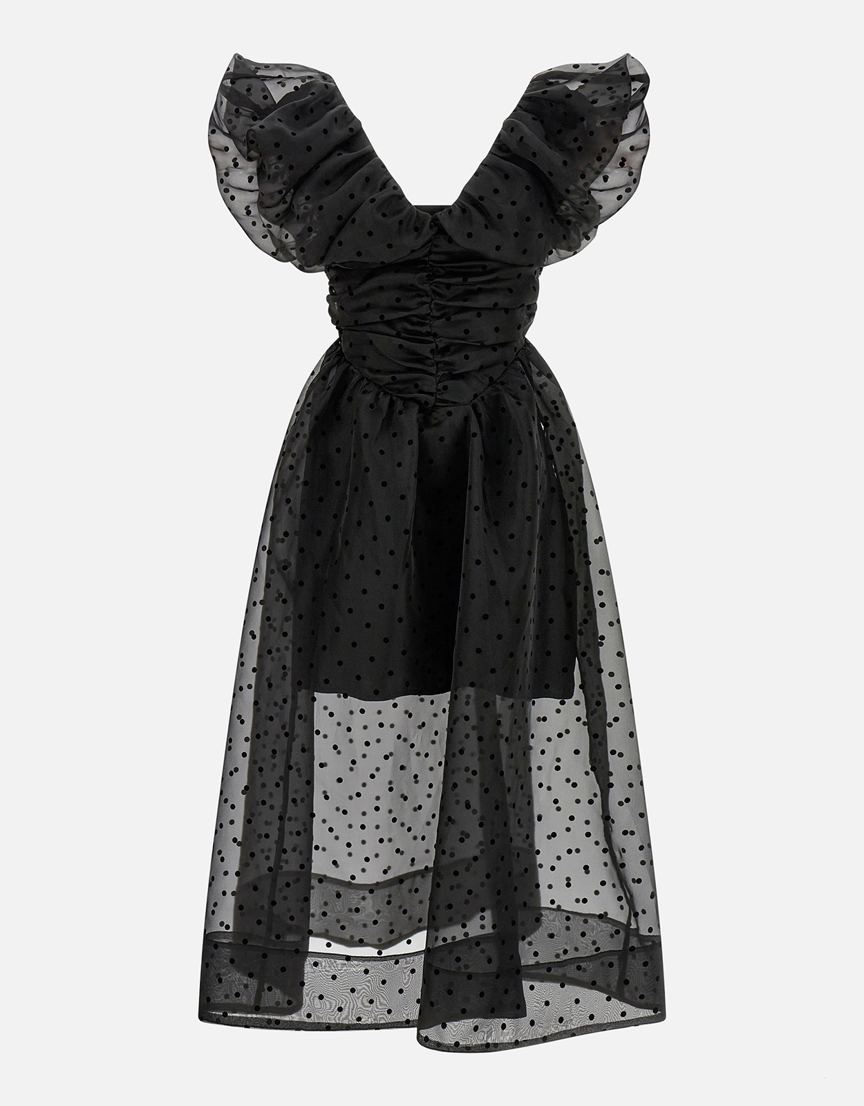 Ganni ブラックオーガンザルーシュスリムフィットミディドレス (すべて