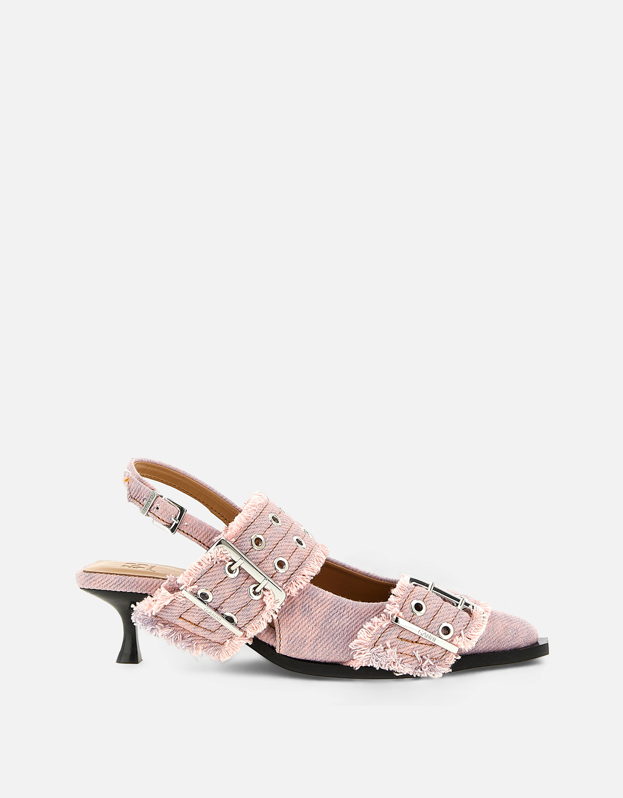 Ganni Feminine Buckle Fringed Denim Slingbacks () IFCHIC.COM