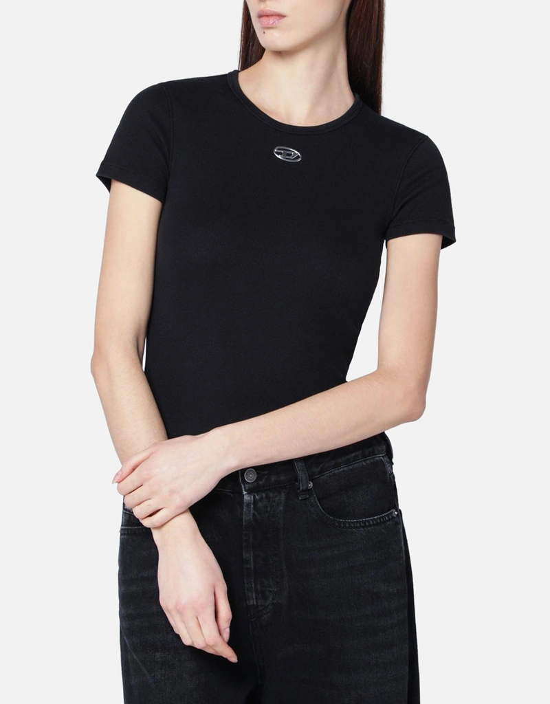Diesel メタリックオーバルDロゴ入りスリムフィットコットンTシャツ Diesel メタリックオーバルDロゴ入りスリムフィットコットンTシャツ