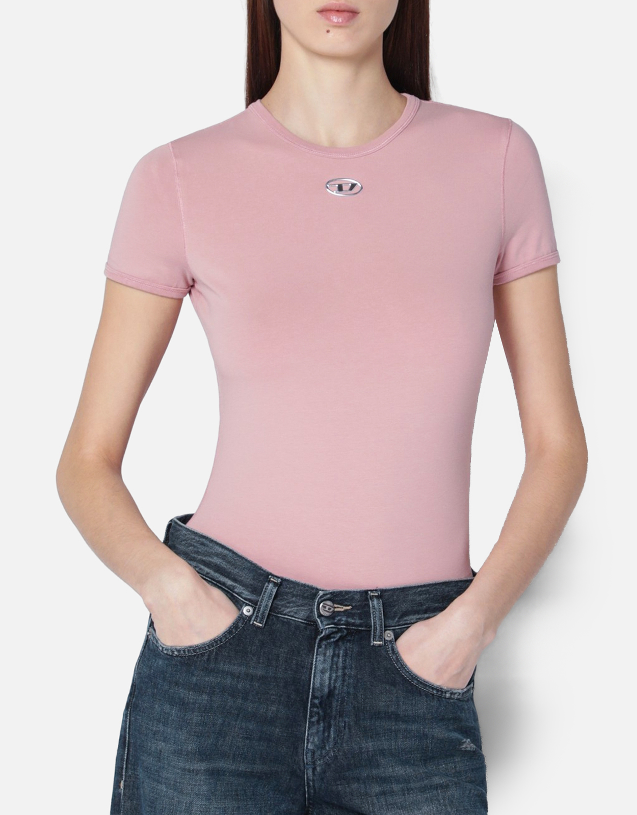 Diesel オーバルDロゴ付きピンクスリムフィットコットンTシャツ