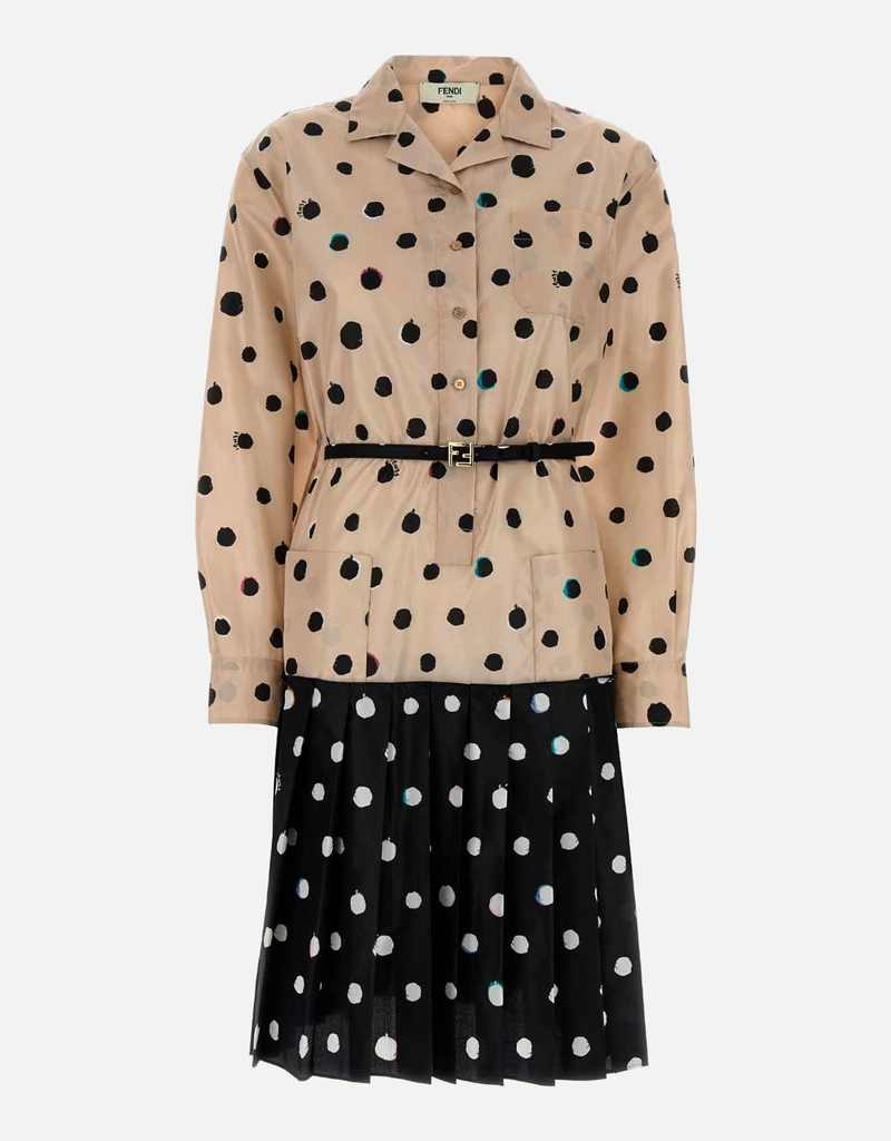 Fendi ピンクとブラックのプリントシルクミディドレス (すべての新品