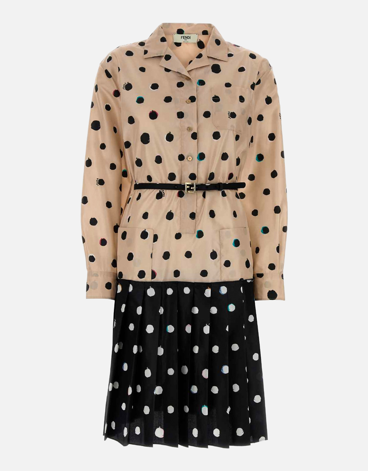 Fendi ピンクとブラックのプリントシルクミディドレス (すべての新品