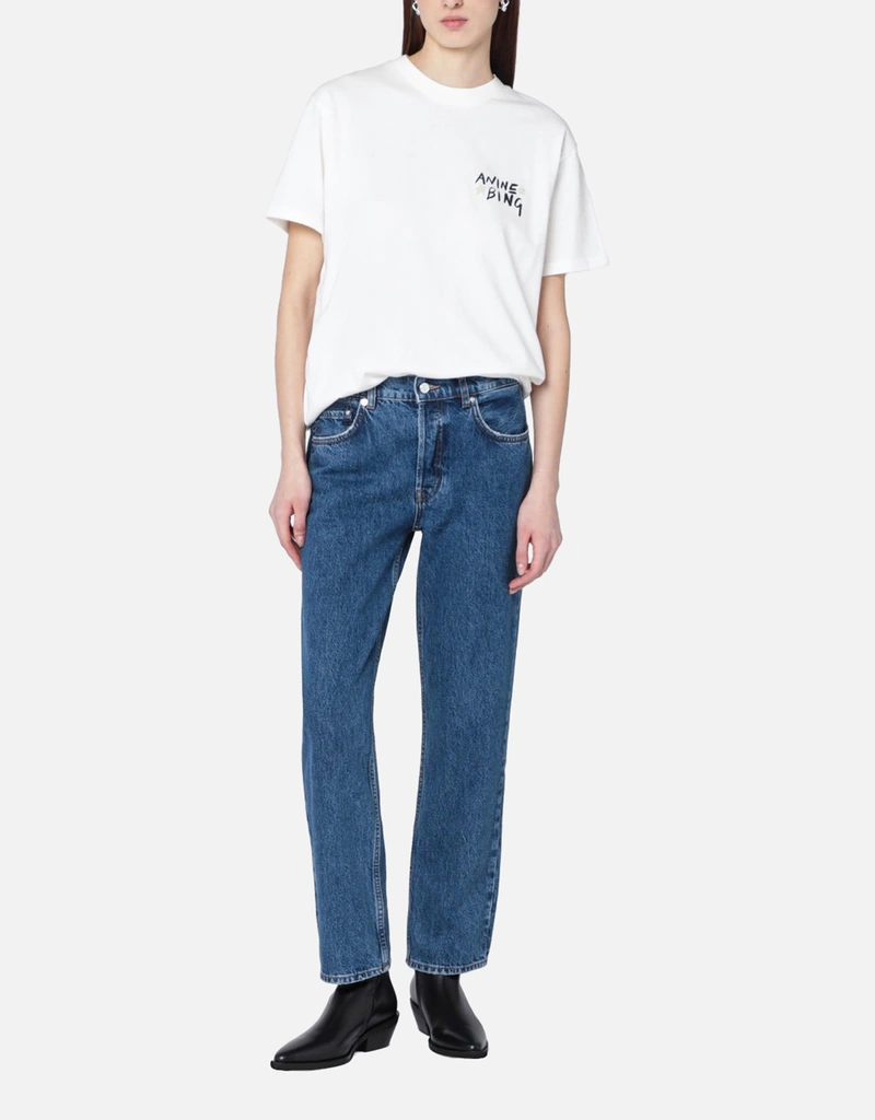 ANINE BING Ivory Logo Print Cotton T-Shirt (Tops) IFCHIC.COM