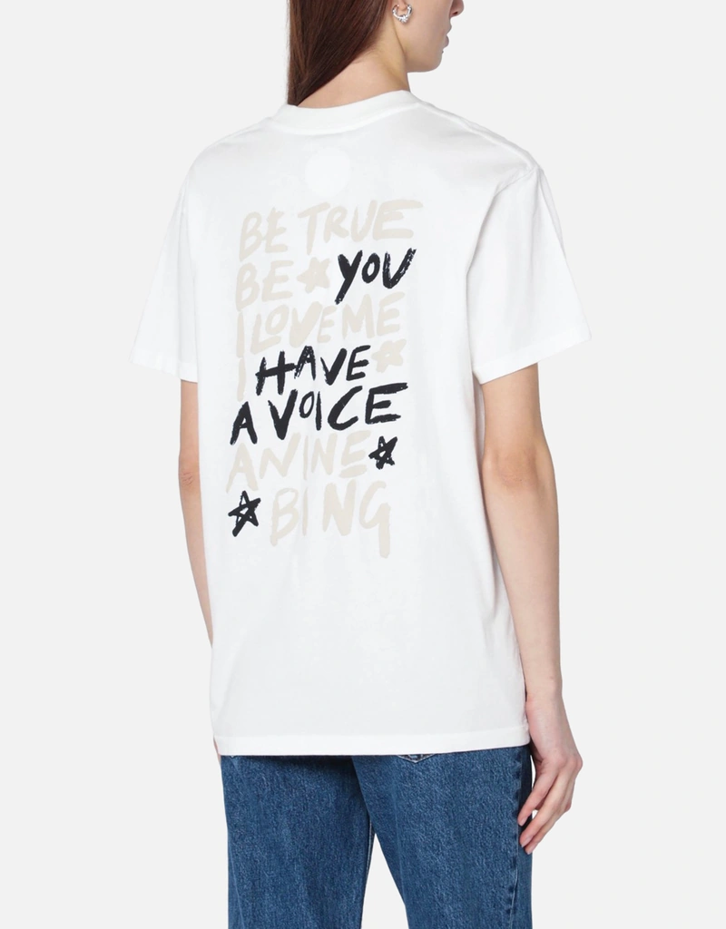 ANINE BING Ivory Logo Print Cotton T-Shirt (Tops) IFCHIC.COM