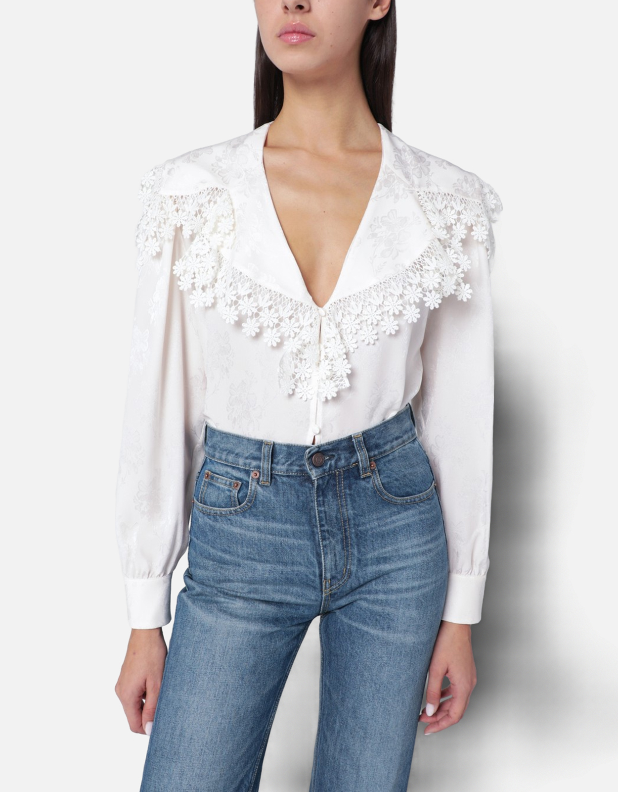 Chloé シルク絎縫ジャカード＆レースのマキシカラー ブラウス