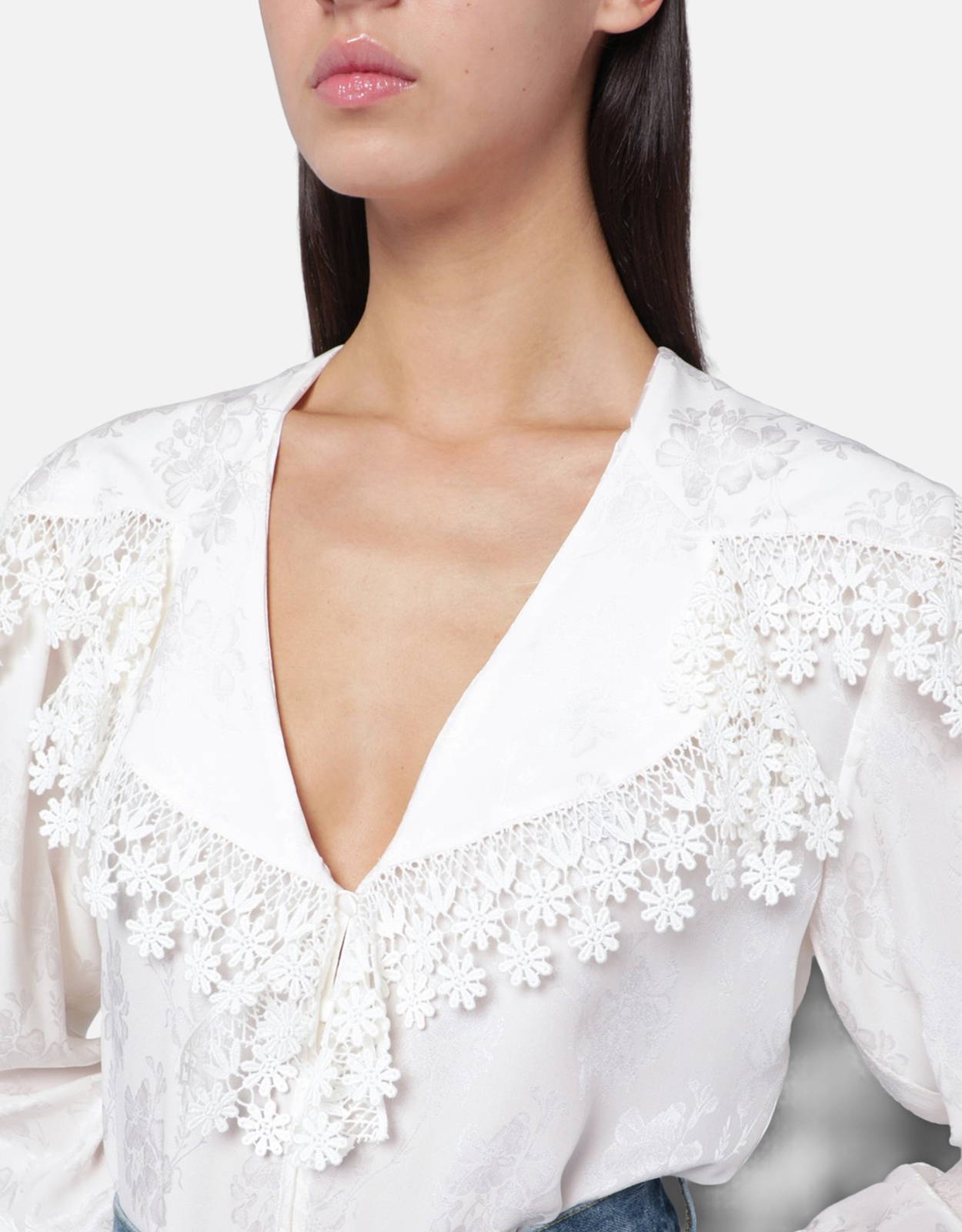 Chloé シルク絎縫ジャカード＆レースのマキシカラー ブラウス