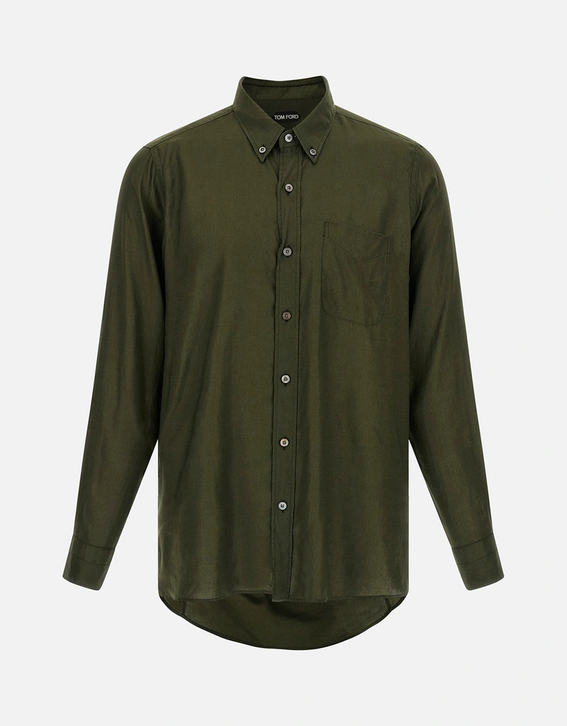 Tom Fordグリーン長袖シャツ Tom Ford Men's Fluid Gabardine Slim Fit Shirt (All New In) IFCHIC.COM